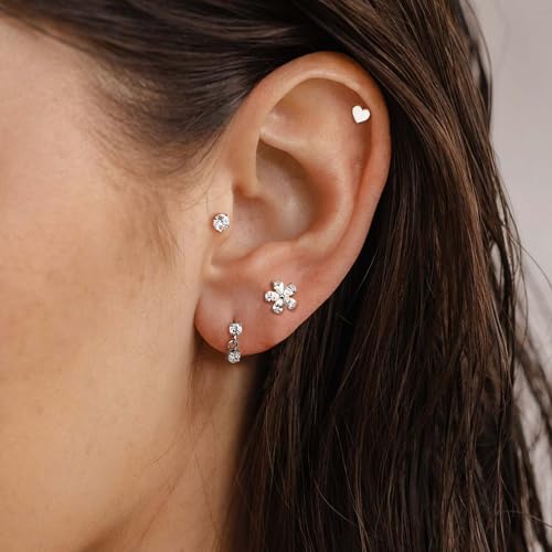 G23 Titanium 16G Tragus Conch Piercing Jewelry Flat Back Stud Earrings | Hypoallergenic CZ Nose Dangle Helix Medusa Lip Labret Body Piercing Jewelry, 14K Gold Plated, Silver, 6 and 8 mm Post Length - color: Clear CZ-Titanium