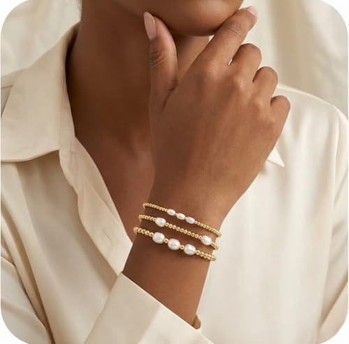 Gold Beaded Bracelet Stack for Women Colorful Small Seed Beads Bracelets Set Boho 14K Gold Plated Ball Stackable Stretch Non-Tarnish Dainty Jewelry Trendy Accessory Friendship Gift - color: Pearl