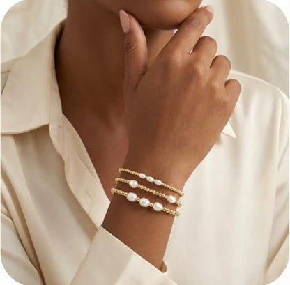 Gold Beaded Bracelet Stack for Women Colorful Small Seed Beads Bracelets Set Boho 14K Gold Plated Ball Stackable Stretch Non-Tarnish Dainty Jewelry Trendy Accessory Friendship Gift - color: Pearl