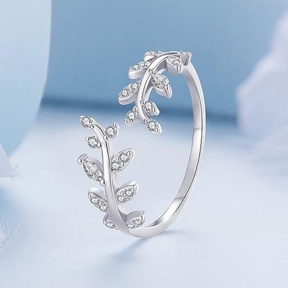 MUNDELL 925 Sterling Silver Simple Multi-layer Leaf Adjustable Ring Green Lucky Leaves Statement Ring for Women Promise Ring Fine Jewelry - color: Silver Leaf