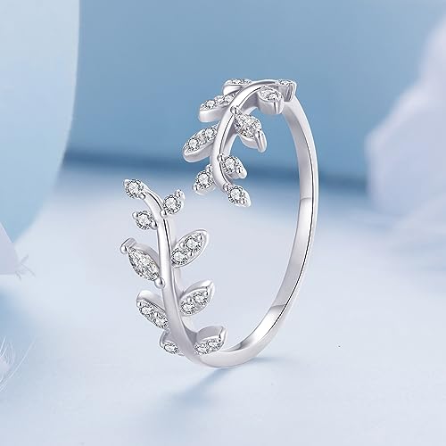 MUNDELL 925 Sterling Silver Simple Multi-layer Leaf Adjustable Ring Green Lucky Leaves Statement Ring for Women Promise Ring Fine Jewelry - color: Silver Leaf