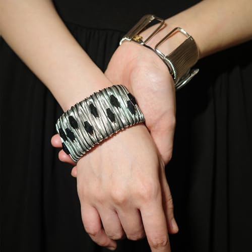 Chunky Gold Cuff Bracelets for Women Stack Silver Bracelet Vintage Bohemian Indian Bangles for Women Adjustable Open Wide Gold Bangle Bracelet Trendy Statement Jewelry - style: GOLD FINISH SPIRALS THREE BLUE GLASSSTONE