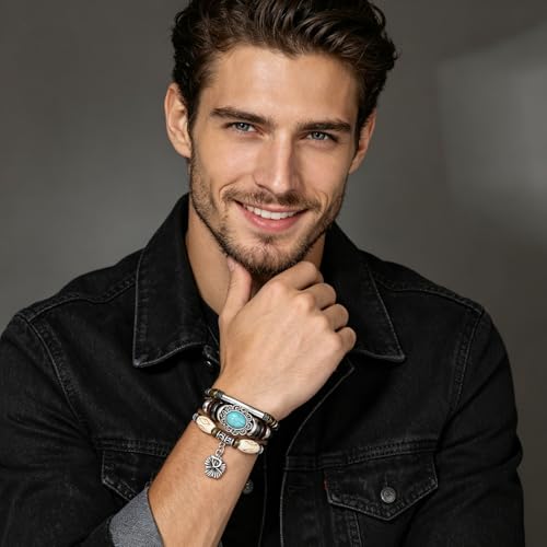 INENIMARTJ Western Turquoise Leather Wrap Bracelets for Men Women Boho Multilayer Turquoise Cuff Wrap Bracelet Western Bracelet Jewelry for Men and Woman - color: 20coffee