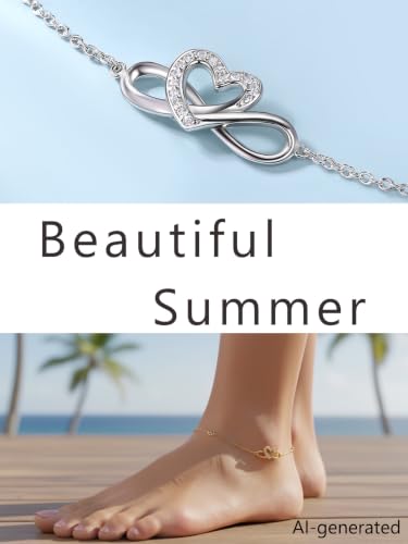 Moissanite Infinity Anklet for Women, Real Authentic 925 Sterling Silver Hypoallergenic, Beautiful Summer Jewelry, Dainty Ankle Bracelet, 8.6-10.6inch (21-26cm) Adjustable - color: Romantic Heart - White Gold