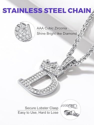 Richsteel Silver Crown Initial A-Z Letter Pendant Necklace for Men Women | Cubic Zirconia Monogram, 316L Steel Chain, 22" + 2" Extender,Hypoallergenic,Gift Box, Hip Hop Jewelry - style: D