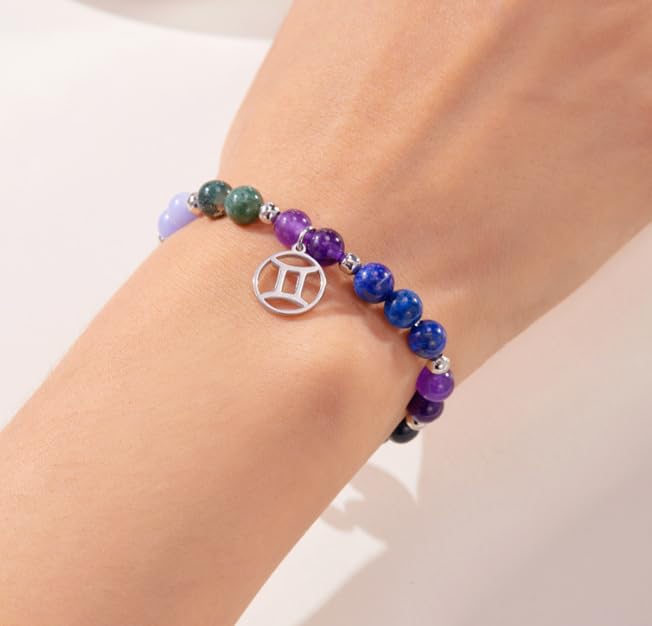 XAM 12 Zodiac Stone Beaded Bracelet - Natural Gemstone & Stainless Steel Charm Constellation Jewelry - color: C