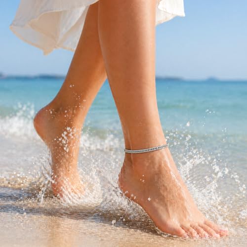 PICNHUAN Gold/Silver Ankle Bracelets for Women 14K Gold Plated Women's Anklets Silver Cuban Chain Anklet Waterproof Stainless Steel Anklet Summer Beach Foot Chain Jewelry Gifts for Women - color: Silver/Cuban