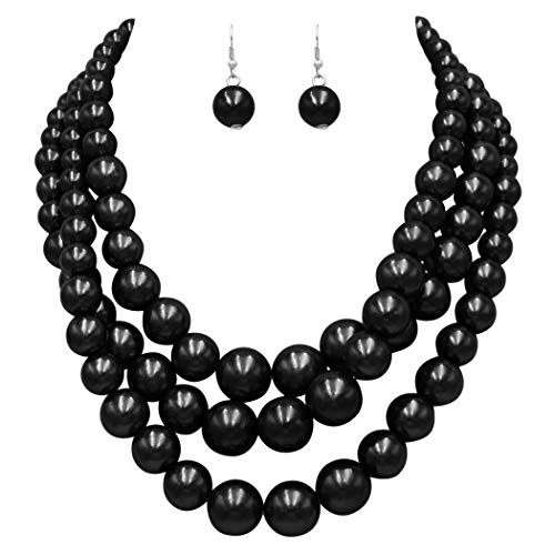 Rosemarie & Jubalee Women's 3 Colorful Multi Strands Simulated Pearl Necklace And Earrings Jewelry Gift Set, 18"+3" Extender - color: Jet Black Silver Tone