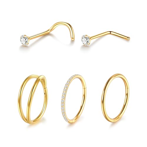 Xpircn 5pcs Hoop Nose Rings and L Shaped Nose Rings Stud Set 18G/20G Stainless Steel CZ Helix Conch Daith Tragus Cartilage Hoop Earrings for Women 6mm 7mm 8mm 10mm - color: Gold, size: 20G, 10mm hoop & 7mm studs