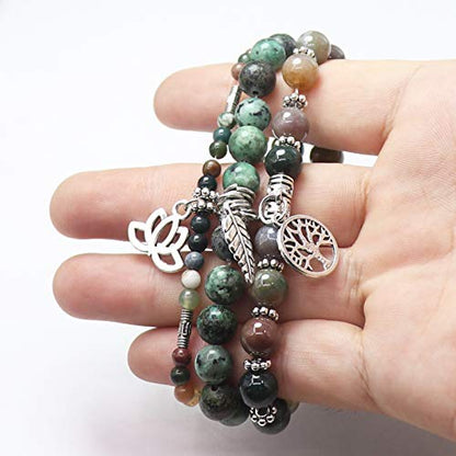 Tree of Life Yoga Healing Stone Bracelets,Multilayer Lotus Chakra Stone Reiki Bracelet Sets,Anxiety Crystal Natural Stone,for Women Stress Relief - style: Style 4 India+African Turquoise