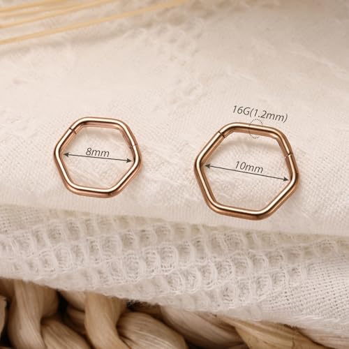 FUNLMO Septum Ring Nose Ring Daith Piercing Jewelry 316L Surgical Steel Hexagon Septum Jewelry Tragus Helix Rook Cartilage Conch Piercing Jewelry - color: Rose gold