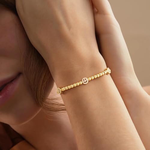 M MOOHAM Gold Beaded Charm Bracelets for Women Girls Non Tarnish | 14K Gold Plated, Dainty CZ Heart Smile Face Cross Charm Stretch Bead Bracelet for Women Teenage Teen Girls - color: Smile CZ