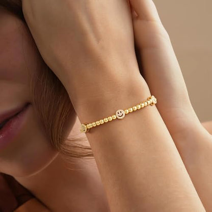 M MOOHAM Gold Beaded Charm Bracelets for Women Girls Non Tarnish | 14K Gold Plated, Dainty CZ Heart Smile Face Cross Charm Stretch Bead Bracelet for Women Teenage Teen Girls - color: Smile CZ