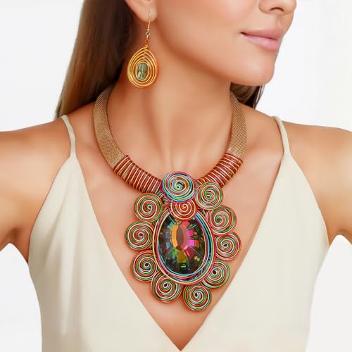 African Jewelry Sets Statement Big Crystal Pendent Necklace Earrings Set For Women Handmade Bib Collar Costume Tribal Fashion Accessories - color: KDLUN5305 Multicolor
