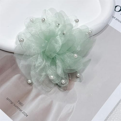 13cm/5in Beaded Mesh Flower Brooch Pin for Women Girls Dainty Round Shell Pearl Ball Beads Camellia Peony Flowers Brooches Lapel Hair Pins Elegant Wedding Anniversary Accessories Jewelry - color: Green