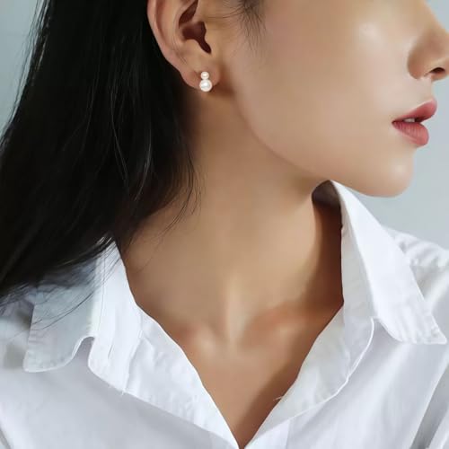 Bi&Yamigeo Mini Double Pearl Drop Stud Earrings,White Round Dangle Jewelry