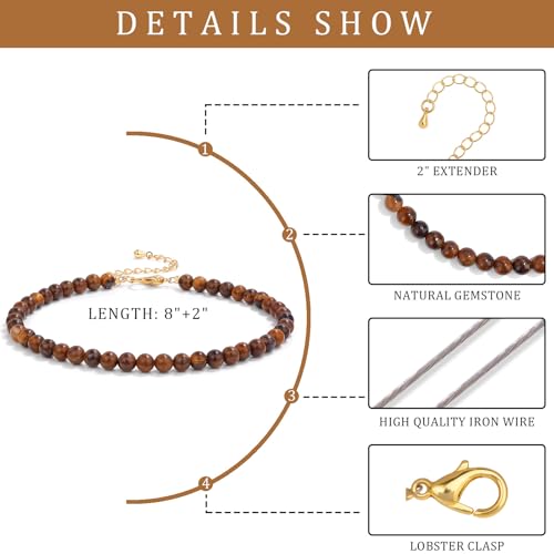 Natural Stone Beaded Anklets for Women, Handmade Boho Clear Quartz 4mm Crystal Beads Anklet, Gold Chain Adjustable Ankles Bracelet, Beach Summer Jewelry Gemstone Foot Bracelet Gift - color: Tiger's Eye