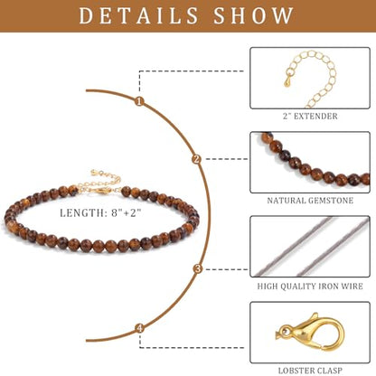 Natural Stone Beaded Anklets for Women, Handmade Boho Clear Quartz 4mm Crystal Beads Anklet, Gold Chain Adjustable Ankles Bracelet, Beach Summer Jewelry Gemstone Foot Bracelet Gift - color: Tiger's Eye