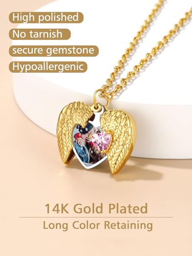 FindChic Locket Necklace for Women Custom Photo Memorial Gifts 4 Colors | Silver/Black/Rose Gold/Gold Plated Personalized for Loved Ones, Birthday Valentine's Day Keepsake - style: 04. Birthstone Style 1-Gold