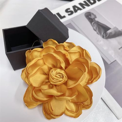 Dainty Fabric Rose Flower Large Brooch Lapel Pins Flower Brooches Pin Classic for Wedding Party Dance Banquet for Women Dress Suit Clothes Accessories Jewelry 100mm - color: Dark yellow