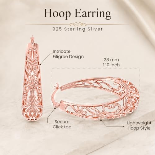 LeCalla 925 Sterling Silver Chunky Hoop Earrings | Filigree Heart Hoop Earrings for Women | Oval & Round Mesh Filigree Click-Top Hoops Earring | Hypoallergenic Earrings for Women - color: Rose Gold Oval Heart Filigree 28MM