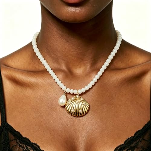 Fish Shell Necklace for Women, Beaded Necklaces Boho Statement Necklace, Pearl Necklaces Summer Beach Vacation Dress & Costume Jewelry - color: White-shell