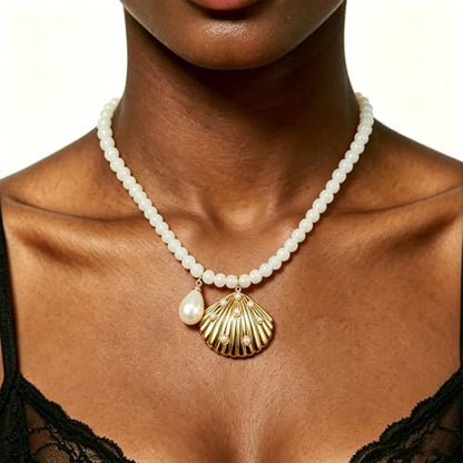 Fish Shell Necklace for Women, Beaded Necklaces Boho Statement Necklace, Pearl Necklaces Summer Beach Vacation Dress & Costume Jewelry - color: White-shell