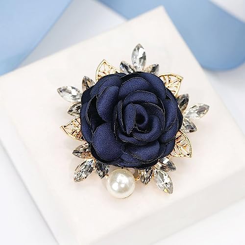Elegant Rose Flower Brooch Pin for Women Men Wedding Party Gentleman's Essentials Handmade Imitation Crystal Pearl Fabric Flower Lapel Pin Dress Suit Accessories Boutonniere Ideas Gift - color: Blue