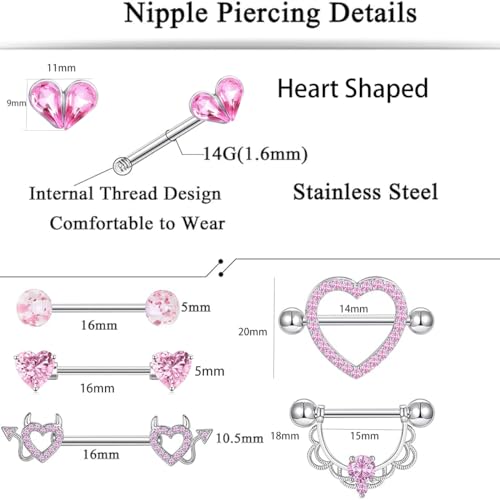 TIANCI FBYJS 6 Pairs Nipple Rings Stainless Steel Heart Butterfly Moon Flower CZ Stud Barbell Tongue Rings Set Cute Nipplerings Piercing Jewelry for Women Pink Tone - color: pink