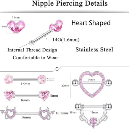 TIANCI FBYJS 6 Pairs Nipple Rings Stainless Steel Heart Butterfly Moon Flower CZ Stud Barbell Tongue Rings Set Cute Nipplerings Piercing Jewelry for Women Pink Tone - color: pink