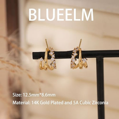 Gold Earrings for Women, Dainty Triple Huggie Earrings 14K Gold Plated Small Hoop Earrings for Women Trendy Cute Hypoallergenic Stud Earrings Unique Double Hoops Waterproof Womens Jewelry Gifts - color: gold plated-D