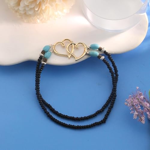 Elastic Beaded Ankle Bracelets for Women Double Heart Layered Stretch Ankle Bracelets Waterproof Dainty Boho Beaded Anklets for Summer Beach Foot Jewelry - color: Black Gold