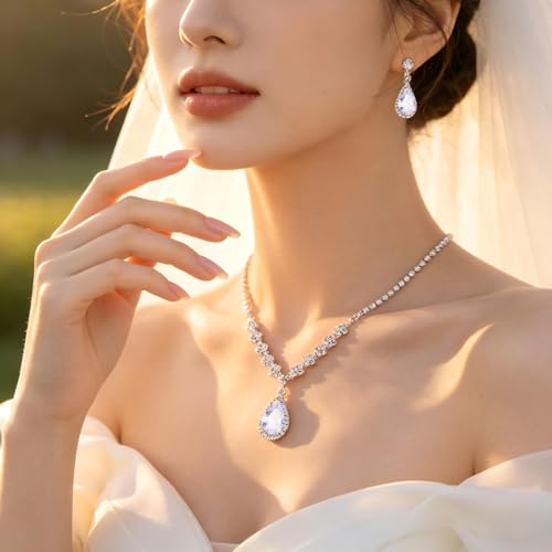 Women's Fashion Jewelry Rhinestone Zircon Necklace and Earring Set Formal Ball Gown Accessories Silver Floral Pendant Bridal Wedding Jewelry Suitable for Weddings, Balls, Banquets, and All Special Occasions - style: TL069S