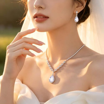 Women's Fashion Jewelry Rhinestone Zircon Necklace and Earring Set Formal Ball Gown Accessories Silver Floral Pendant Bridal Wedding Jewelry Suitable for Weddings, Balls, Banquets, and All Special Occasions - style: TL069S