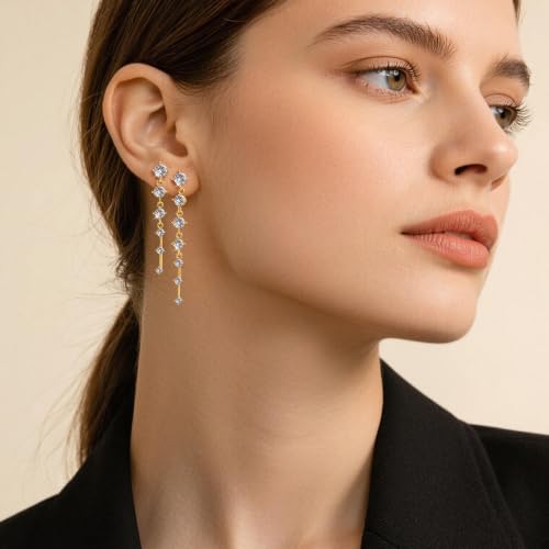 2 Pairs Long Diamond Dangle Tassel Earrings for Women | 14K Gold Silver Plated, Dainty Diamond Crystal Drop Earring, Small Cz Statement Dangly, for Wedding Bridesmaid, Jewelry Gifts - color: 2 Pairs Gold