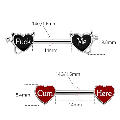 VERAMI 14G 16G Bat Devil Heart Nipple Rings Stainless Steel Heart Nipple Barbell Rings Tongue Rings Body Piercing for Women Men - color: BLACK-RED