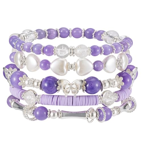 Besydec Stackable Boho Beaded Bracelets With Natural Stone & Pearl Heart & Clay Beads for Women,Adjustable Silver Jewelry - color: Purple