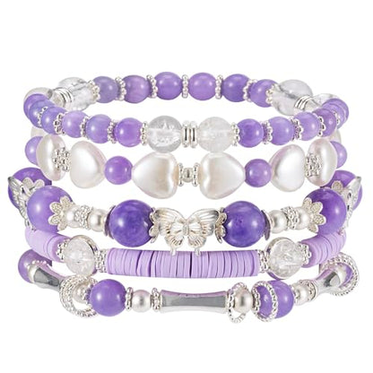 Besydec Stackable Boho Beaded Bracelets With Natural Stone & Pearl Heart & Clay Beads for Women,Adjustable Silver Jewelry - color: Purple