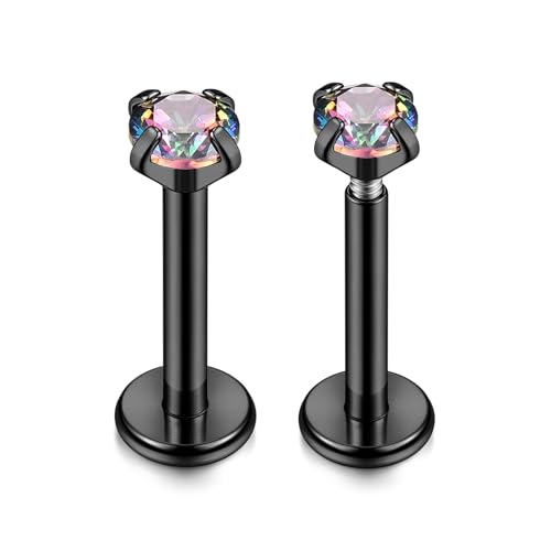PiercingJ 2-4pcs 16g 316L Stainless Steel 3mm Cubic Zirconia Labret Monroe Lip Ring/Tragus/Helix Earring,6-12mm Bar Length - style: Color zirconia / 8mm black bar
