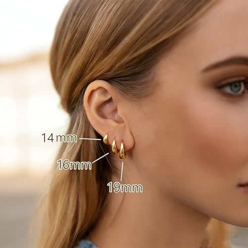 Chunky Small Hoop Earrings for Women 14mm/16mm/19mm Stainless Steel Huggie Earrings Everyday Jewelry Gift for Wife Mom, with Gift Box - color: Gold 16mm