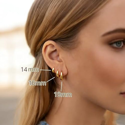 Chunky Small Hoop Earrings for Women 14mm/16mm/19mm Stainless Steel Huggie Earrings Everyday Jewelry Gift for Wife Mom, with Gift Box - color: Gold 16mm