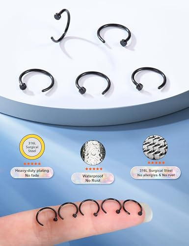 18G 20G 22G Nose Rings Hoops for Women Nose Piercing - Hypoallergenic 316L Stainless Steel Hoop Nose Rings Piercing Jewelry 5PCS Gold Silver Black Tone - color: Black