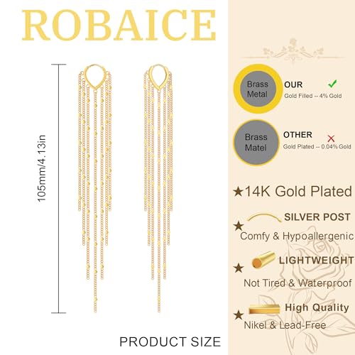 Robaice Long Gold Dangle Earrings for Women, 14K Plated Tassel Earring | Gold Chain Dangling Earrings, Trendy Drop Prom Earring, Lightweight Statement Party Jewelry, Gift for Women - style: B-dangle tassel chains, gold