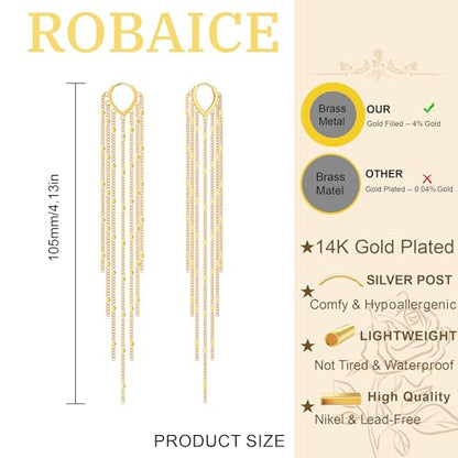 Robaice Long Gold Dangle Earrings for Women, 14K Plated Tassel Earring | Gold Chain Dangling Earrings, Trendy Drop Prom Earring, Lightweight Statement Party Jewelry, Gift for Women - style: B-dangle tassel chains, gold
