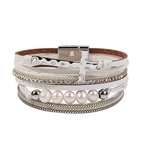 Vercret Leather Wrap Bracelet for Women, Multi-Layer Cuff Bangle | Boho Stacked Bracelets with Safe Clasp Western Bangle Jewelry Gift for Lady and Mom Sister Friend - style: Pearl Cross White