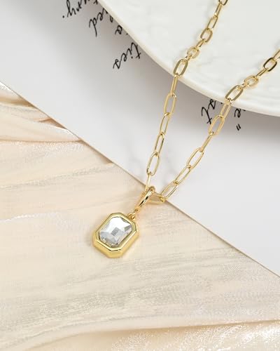 Cubic Zirconia Necklace for Women 14k Gold Plated Paperclip Chain Cz Pendant Necklaces Dainty Square Crystal Trendy Jewelry Gift