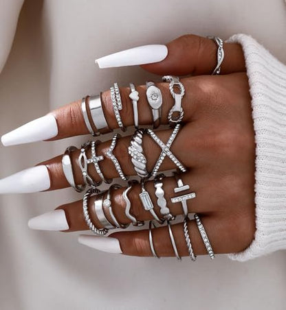iF YOU 25 Pcs Gold Stackable Ring Set for Women, Chunky Knuckle Finger Midi Rings, Silver Simple Stacking Cute Rings Pack Trendy Stuff Jewelry Gift - style: 23 Silver sparkling rings