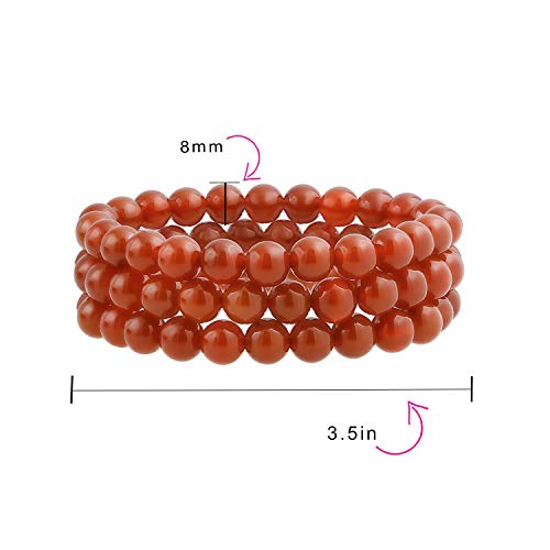 Bling Jewelry Unisex Stackable Set Of 3 Gemstone Round Bead 8MM Stretch Bracelet For Women Teen Men Multi Strand Stacking Adjustable - color: Red Carnelian