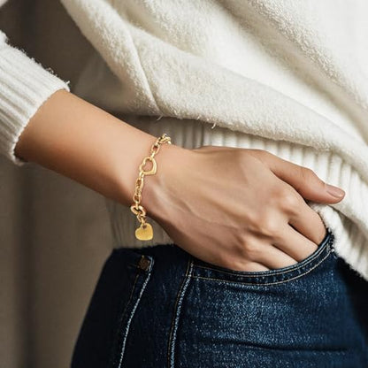Emibele Heart Charm Bracelet for Women, Bible Verse Bracelet Stainless Steel 18K Gold Plated Bracelet Love Pendant Link Chain OT Clasp, Birthday Christmas Jewelry Gift for Mother Her - color: Gold Pendant