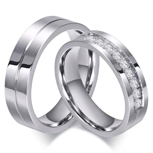 Couple Rings for Him and Her Stainless Steel Matching Promise Ring Princess Cut Bridal Couple Wedding Engagement Bands Cubic Zirconia CZ Band for Women Men Lover Jewelry Gifts Comfort Fit 5-15 - color: A,silver,with cubic zirconia,1pc for her